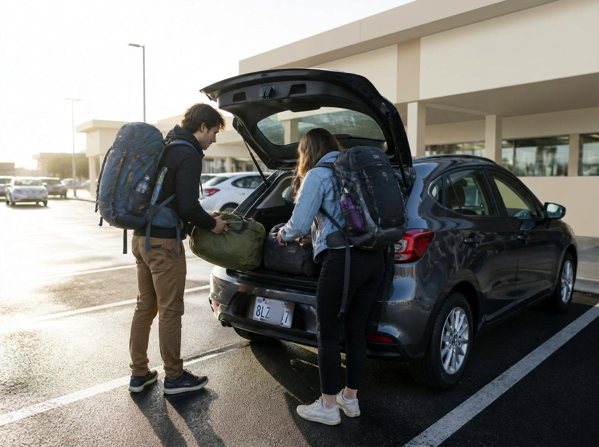 Traveller collecting keys for a rental car at an Auckland depot